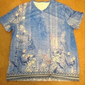 Floral Blue V-Neck Women's Top 2XL